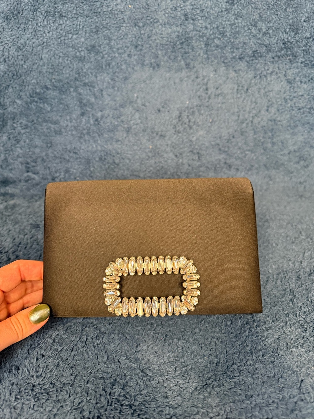 Elegant Black Satin Evening Clutch with Crystal Buckle